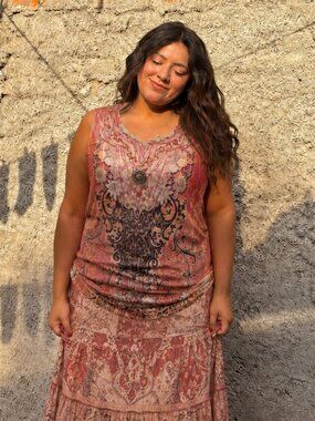 B.L.E.U. Beaded Embellished Tank Top Size Large Coral Western